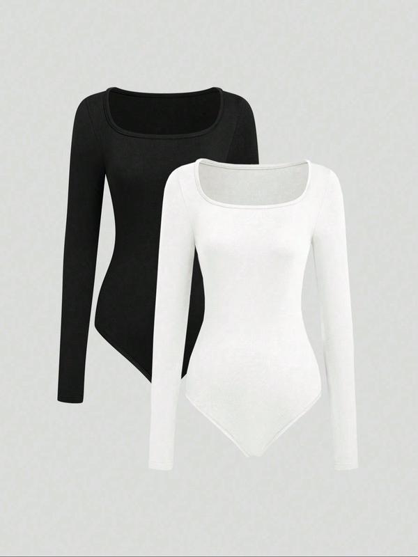 Women's Solid Long Sleeve Square Neck Bodysuit, Casual Comfy Tight-fitting Bodysuit for Daily Wear, Ladies Clothes for All Seasons